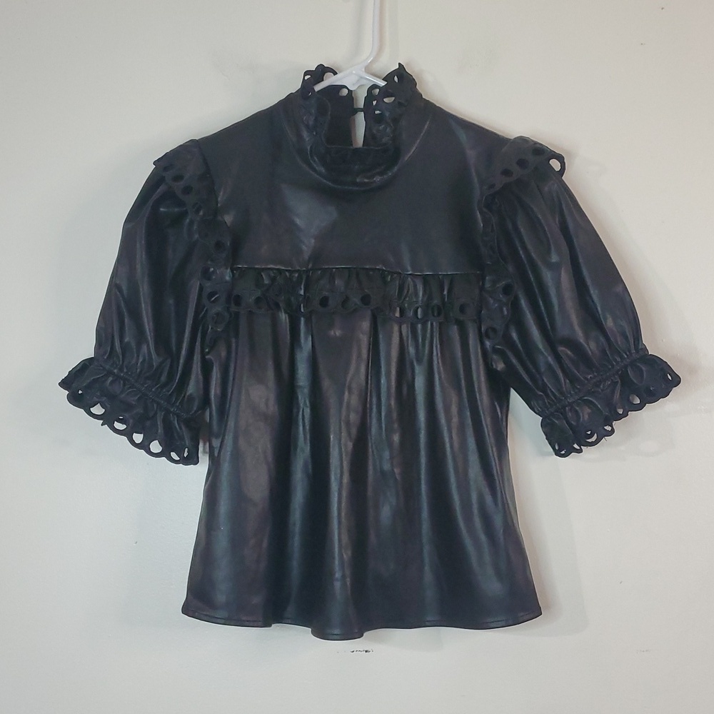 Stellah Faux Leather Eyelet Trim Black Blouse Top Size Med Edgy Whimsigoth - Picture 2 of 13